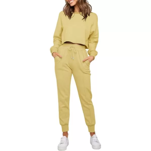 imageZESICA Womens Long Sleeve Crop Top and Pants Pajama Sets 2 Piece Jogger Long Sleepwear Loungewear Pjs SetsYellow