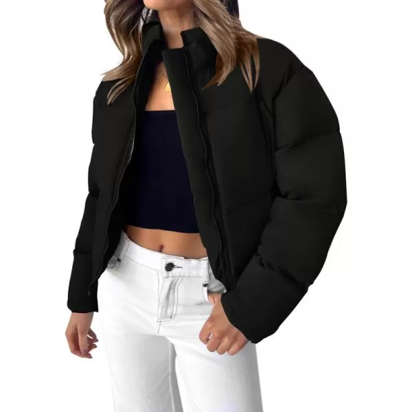 imageZESICA Womens Long Sleeve Cropped Puffer Jacket Winter Zipper Quilted Baggy Warm Short Down Coat Outwear with PocketsBlack