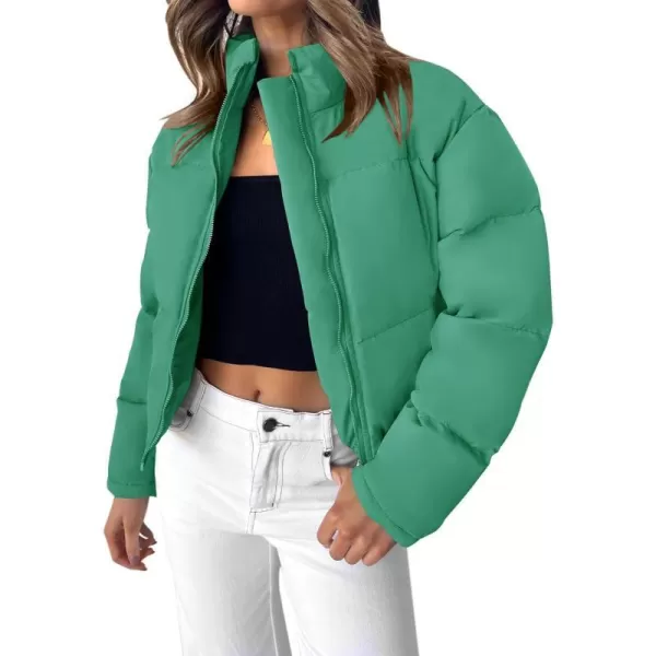 imageZESICA Womens Long Sleeve Cropped Puffer Jacket Winter Zipper Quilted Baggy Warm Short Down Coat Outwear with PocketsGreen