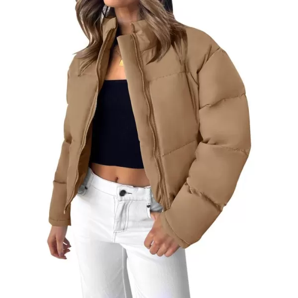 imageZESICA Womens Long Sleeve Cropped Puffer Jacket Winter Zipper Quilted Baggy Warm Short Down Coat Outwear with PocketsKhaki