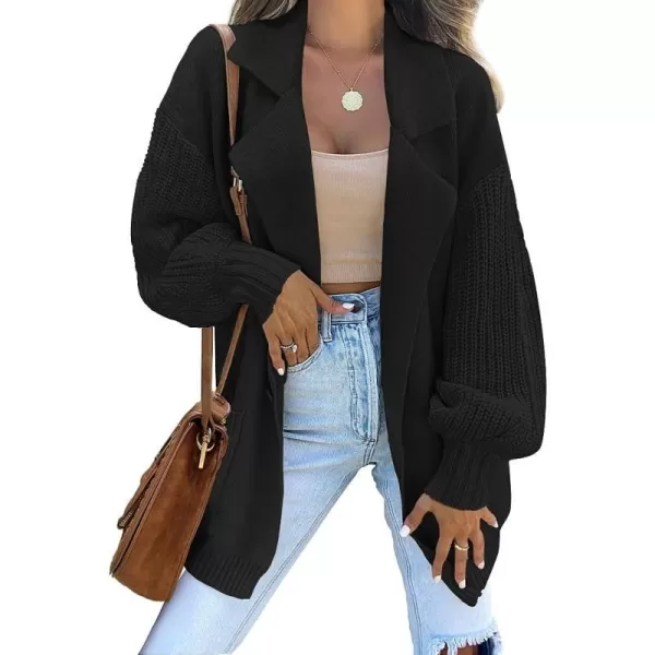 imageZESICA Womens Long Sleeve Open Front Lapel Oversized Knit Cardigan Sweater Coat Outerwear with PocketsBlack