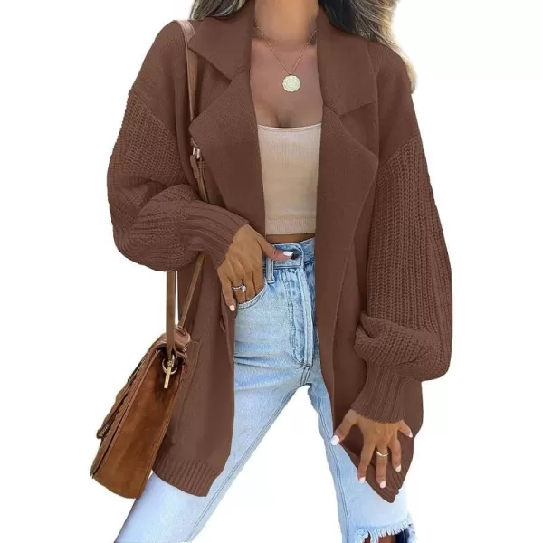 imageZESICA Womens Long Sleeve Open Front Lapel Oversized Knit Cardigan Sweater Coat Outerwear with PocketsBrown