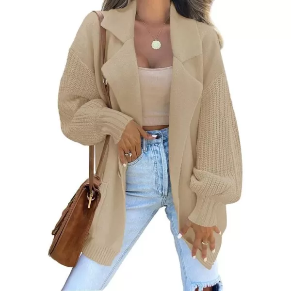 imageZESICA Womens Long Sleeve Open Front Lapel Oversized Knit Cardigan Sweater Coat Outerwear with PocketsKhaki