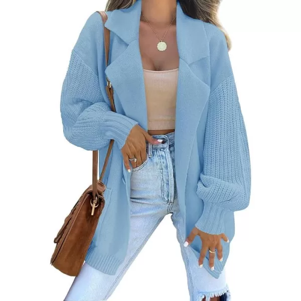 imageZESICA Womens Long Sleeve Open Front Lapel Oversized Knit Cardigan Sweater Coat Outerwear with PocketsLightblue