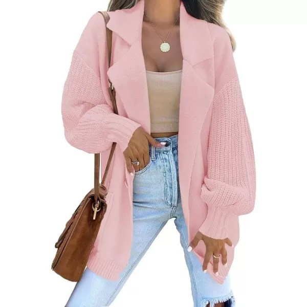 imageZESICA Womens Long Sleeve Open Front Lapel Oversized Knit Cardigan Sweater Coat Outerwear with PocketsPink