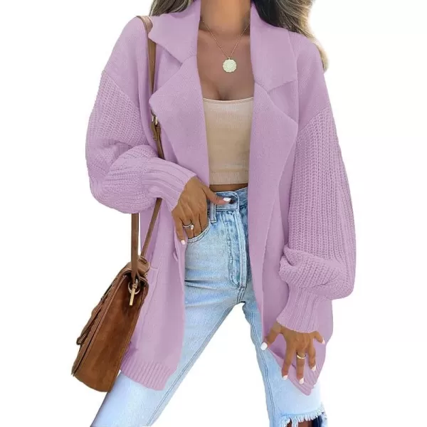 imageZESICA Womens Long Sleeve Open Front Lapel Oversized Knit Cardigan Sweater Coat Outerwear with PocketsPurple