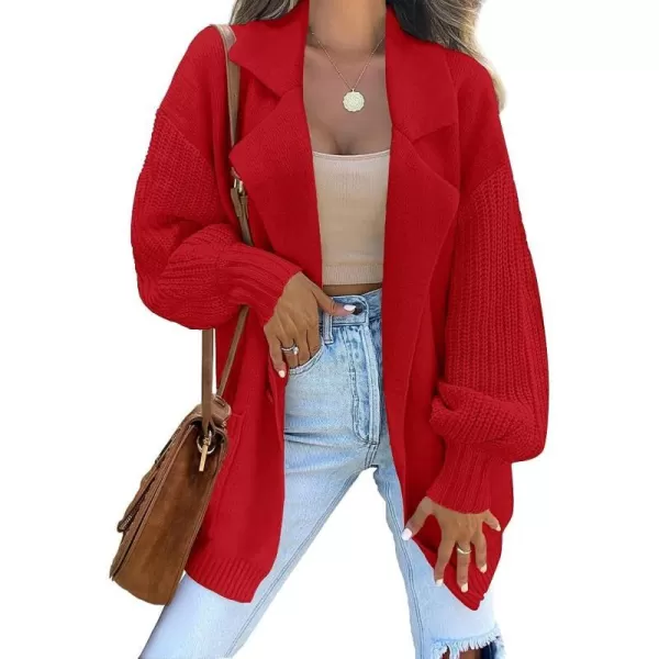 imageZESICA Womens Long Sleeve Open Front Lapel Oversized Knit Cardigan Sweater Coat Outerwear with PocketsRed