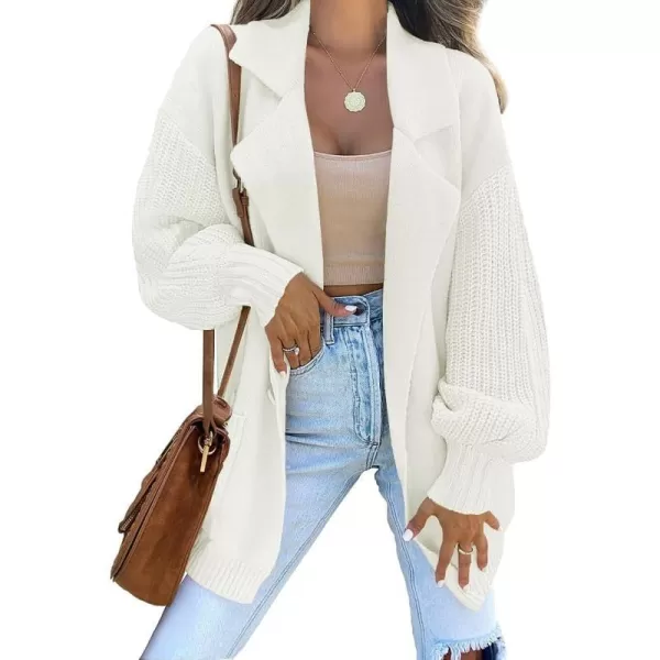 imageZESICA Womens Long Sleeve Open Front Lapel Oversized Knit Cardigan Sweater Coat Outerwear with PocketsWhite