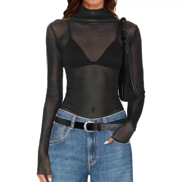 imageZESICA Womens Mesh Sheer Lace Top Long Sleeve Mock Neck See Through Polka Dot Slim Tee Shirt BlouseBlack