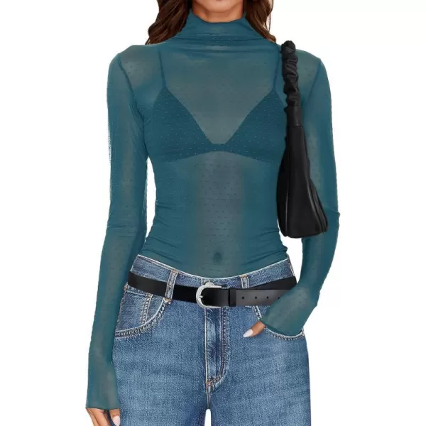 imageZESICA Womens Mesh Sheer Lace Top Long Sleeve Mock Neck See Through Polka Dot Slim Tee Shirt BlouseDarkblue