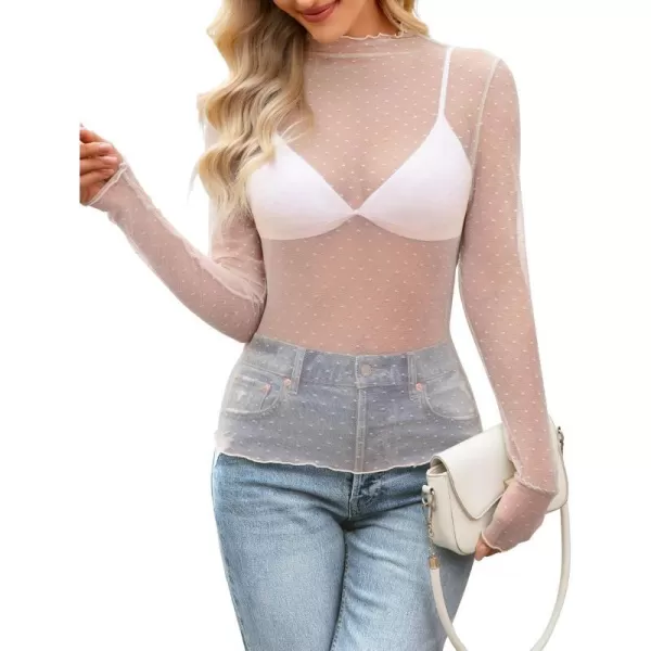 imageZESICA Womens Mesh Sheer Lace Top Long Sleeve Mock Neck See Through Polka Dot Slim Tee Shirt BlouseOrangepink