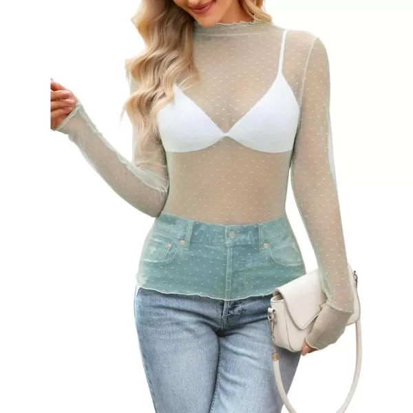 imageZESICA Womens Mesh Sheer Lace Top Long Sleeve Mock Neck See Through Polka Dot Slim Tee Shirt BlouseSage