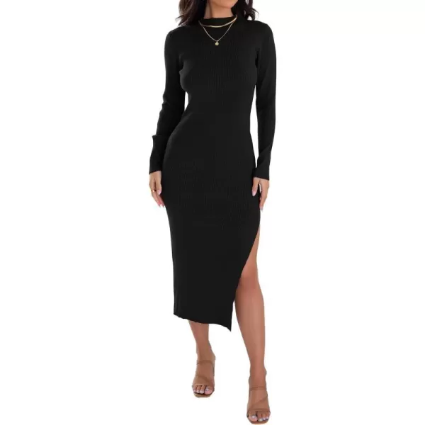 imageZESICA Womens Mock Neck Sweater Dresses Long Sleeve Side Slit Slim Fit Fall Elegant Ribbed Knit Midi DressBlack