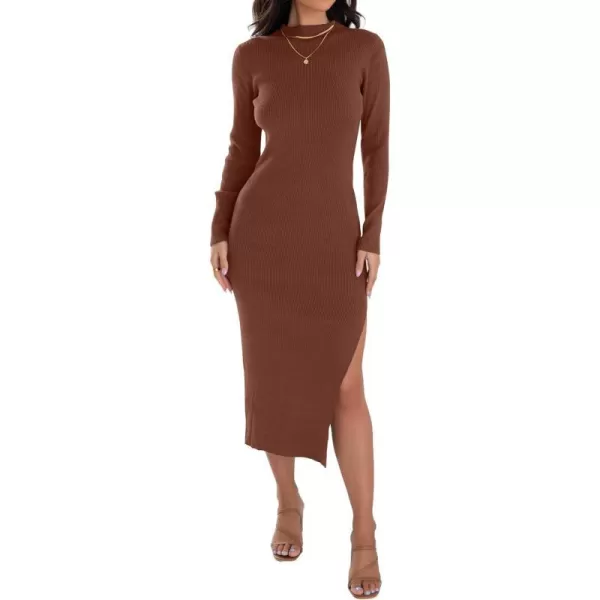 imageZESICA Womens Mock Neck Sweater Dresses Long Sleeve Side Slit Slim Fit Fall Elegant Ribbed Knit Midi DressCoffee