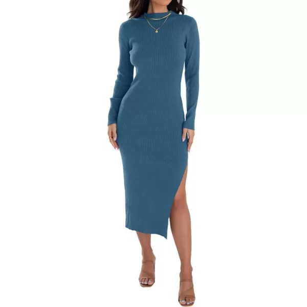 imageZESICA Womens Mock Neck Sweater Dresses Long Sleeve Side Slit Slim Fit Fall Elegant Ribbed Knit Midi DressDarkblue