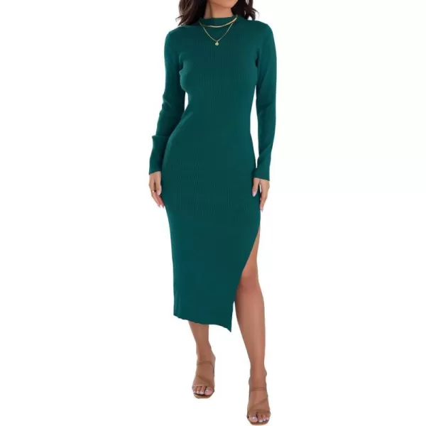 imageZESICA Womens Mock Neck Sweater Dresses Long Sleeve Side Slit Slim Fit Fall Elegant Ribbed Knit Midi DressDarkgreen