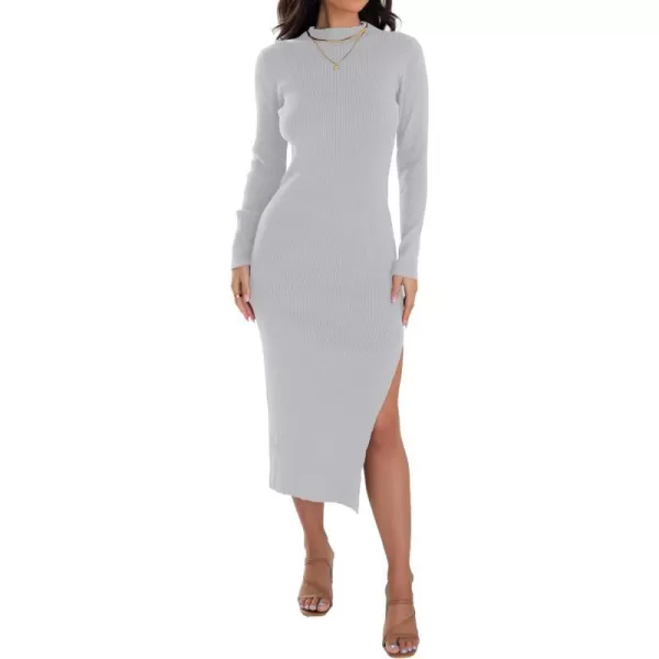 imageZESICA Womens Mock Neck Sweater Dresses Long Sleeve Side Slit Slim Fit Fall Elegant Ribbed Knit Midi DressGrey