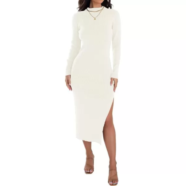 imageZESICA Womens Mock Neck Sweater Dresses Long Sleeve Side Slit Slim Fit Fall Elegant Ribbed Knit Midi DressIvory