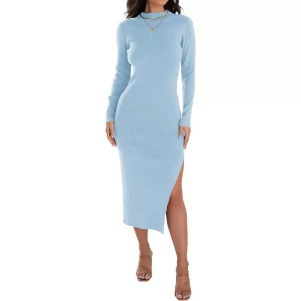 imageZESICA Womens Mock Neck Sweater Dresses Long Sleeve Side Slit Slim Fit Fall Elegant Ribbed Knit Midi DressLightblue