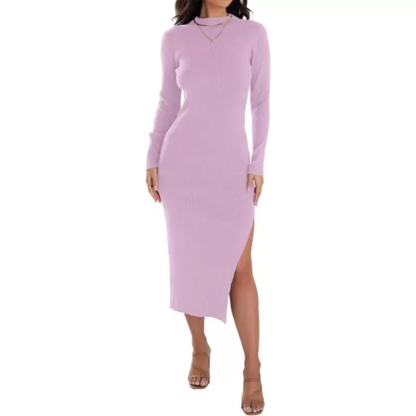 imageZESICA Womens Mock Neck Sweater Dresses Long Sleeve Side Slit Slim Fit Fall Elegant Ribbed Knit Midi DressPurple