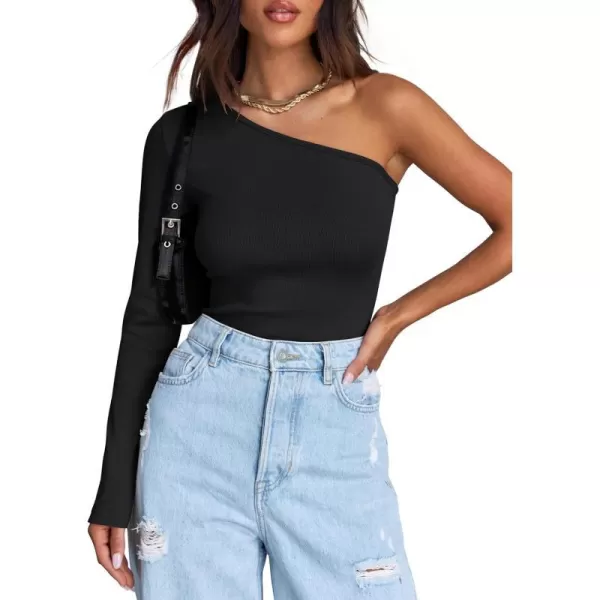 imageZESICA Womens One Shoulder Long Sleeve Tops 2024 Fall Fashion Lightweight Ribbed Knit Shirts Slim Fitted Basic TeesBlack