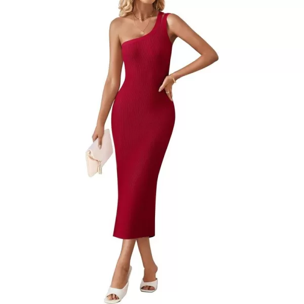 imageZESICA Womens One Shoulder Midi Bodycon Dresses 2024 Summer Sleeveless Slim Fit Ribbed Knit Back Slit Sweater DressRed