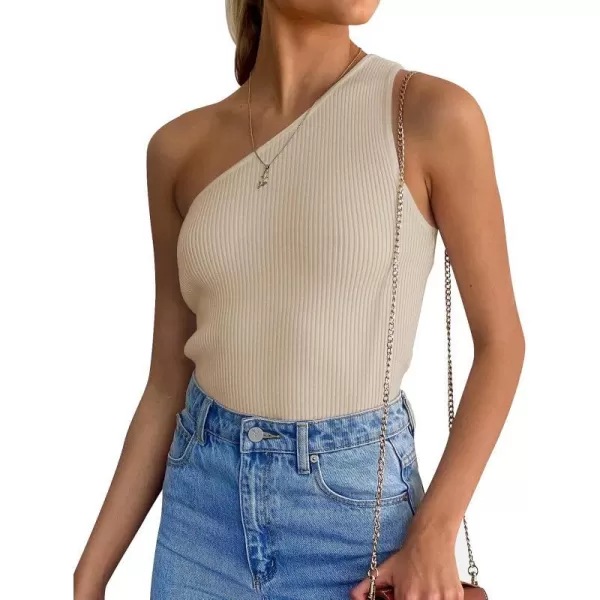 imageZESICA Womens One Shoulder Tank Summer Sleeveless T Shirt Ribbed Knit Slim Fit Sexy Casual Basic Tee TopsApricot