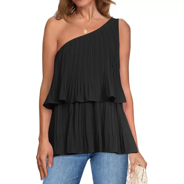 imageZESICA Womens One Shoulder Tank Tops 2024 Summer Sleeveless Ruffle Tiered Layered Chiffon Flowy Blouses ShirtsBlack