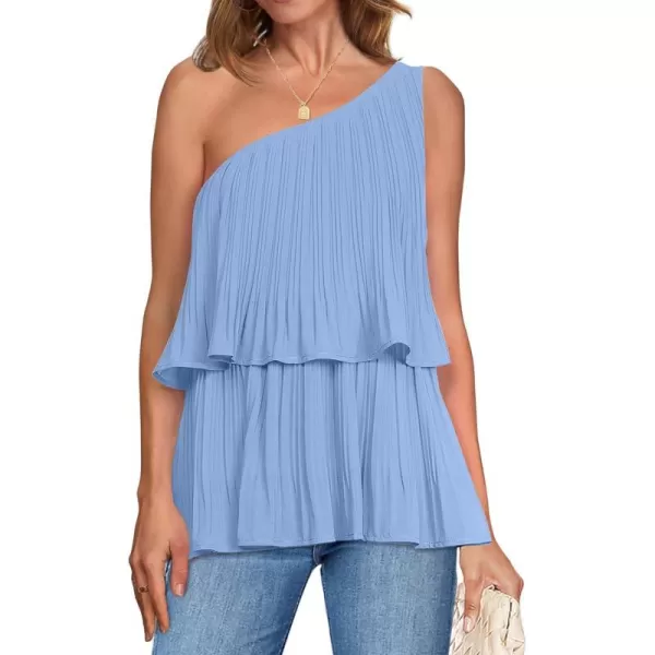 imageZESICA Womens One Shoulder Tank Tops 2024 Summer Sleeveless Ruffle Tiered Layered Chiffon Flowy Blouses ShirtsLightblue