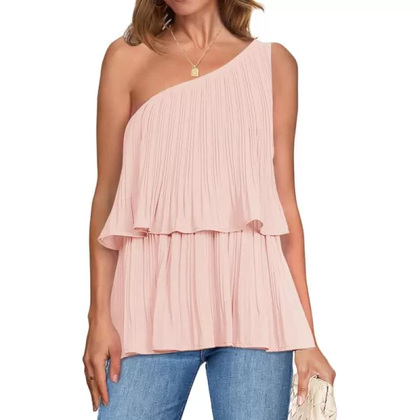 imageZESICA Womens One Shoulder Tank Tops 2024 Summer Sleeveless Ruffle Tiered Layered Chiffon Flowy Blouses ShirtsPink