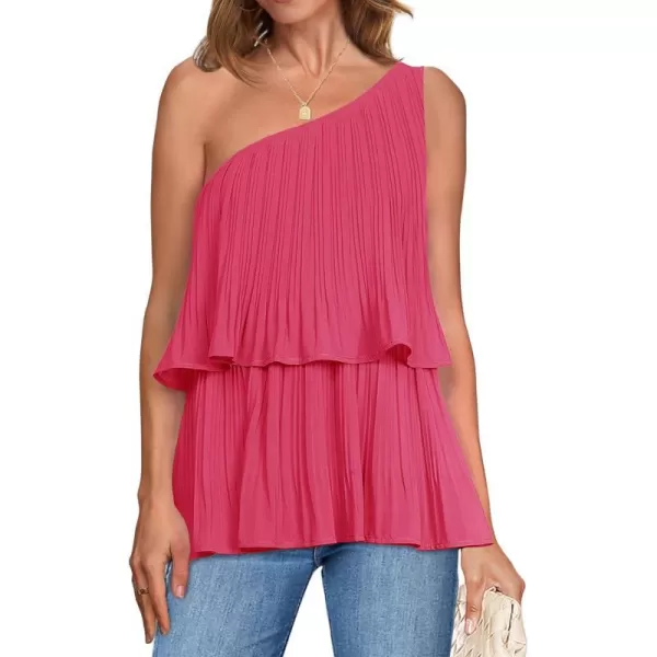 imageZESICA Womens One Shoulder Tank Tops 2024 Summer Sleeveless Ruffle Tiered Layered Chiffon Flowy Blouses ShirtsRose