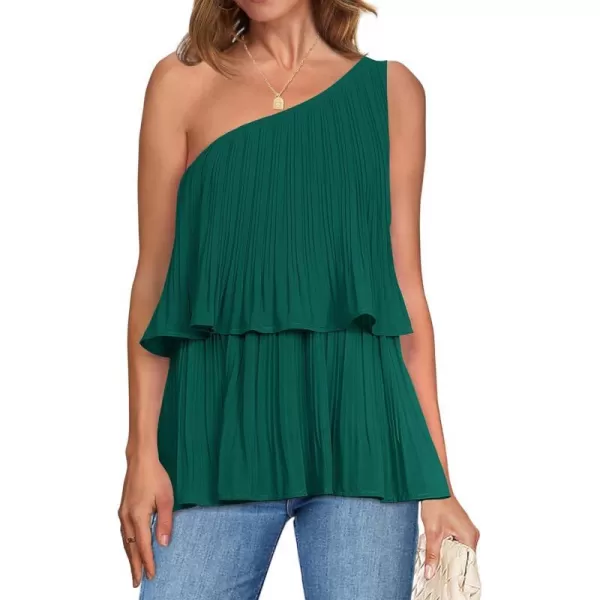 imageZESICA Womens One Shoulder Tank Tops 2024 Summer Sleeveless Ruffle Tiered Layered Chiffon Flowy Blouses ShirtsTealgreen