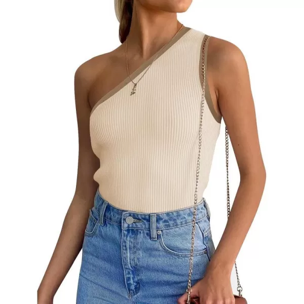imageZESICA Womens One Shoulder Tank Tops Summer Sleeveless T Shirt Ribbed Knit Color Block Slim Fit Basic Tee TopsApricot