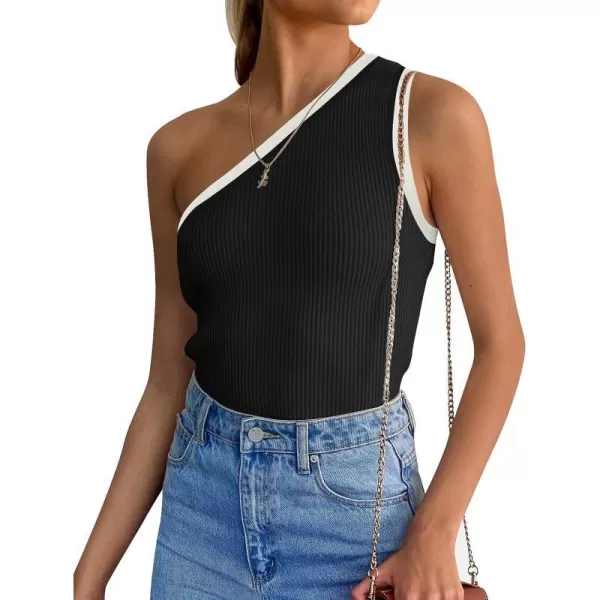 imageZESICA Womens One Shoulder Tank Tops Summer Sleeveless T Shirt Ribbed Knit Color Block Slim Fit Basic Tee TopsBlack
