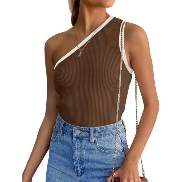 imageZESICA Womens One Shoulder Tank Tops Summer Sleeveless T Shirt Ribbed Knit Color Block Slim Fit Basic Tee TopsBrown