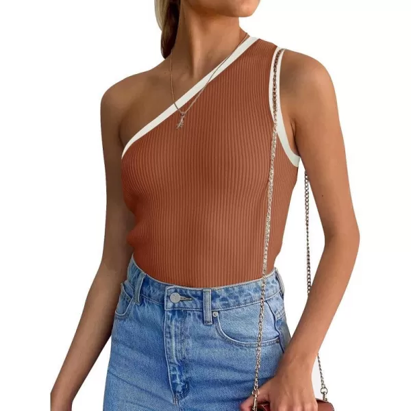 imageZESICA Womens One Shoulder Tank Tops Summer Sleeveless T Shirt Ribbed Knit Color Block Slim Fit Basic Tee TopsCaramel