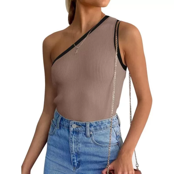 imageZESICA Womens One Shoulder Tank Tops Summer Sleeveless T Shirt Ribbed Knit Color Block Slim Fit Basic Tee TopsCoffee