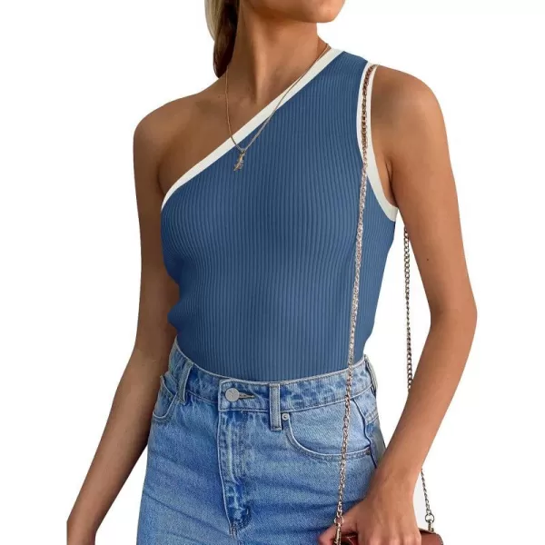 imageZESICA Womens One Shoulder Tank Tops Summer Sleeveless T Shirt Ribbed Knit Color Block Slim Fit Basic Tee TopsDarkblue