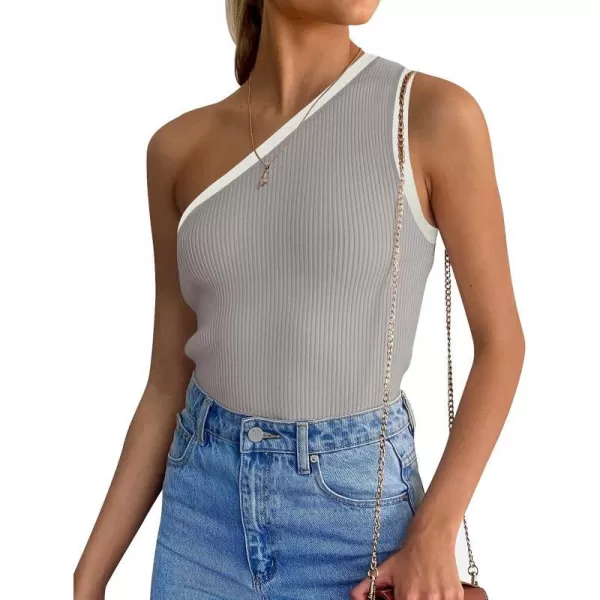 imageZESICA Womens One Shoulder Tank Tops Summer Sleeveless T Shirt Ribbed Knit Color Block Slim Fit Basic Tee TopsGrey