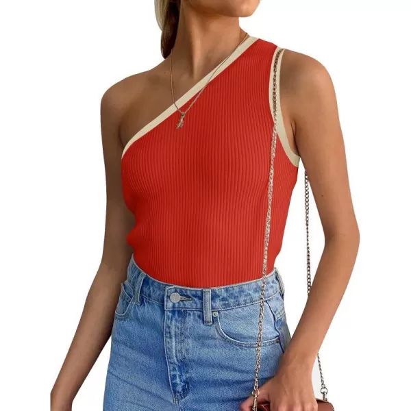 imageZESICA Womens One Shoulder Tank Tops Summer Sleeveless T Shirt Ribbed Knit Color Block Slim Fit Basic Tee TopsOrangered