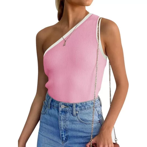 imageZESICA Womens One Shoulder Tank Tops Summer Sleeveless T Shirt Ribbed Knit Color Block Slim Fit Basic Tee TopsPink