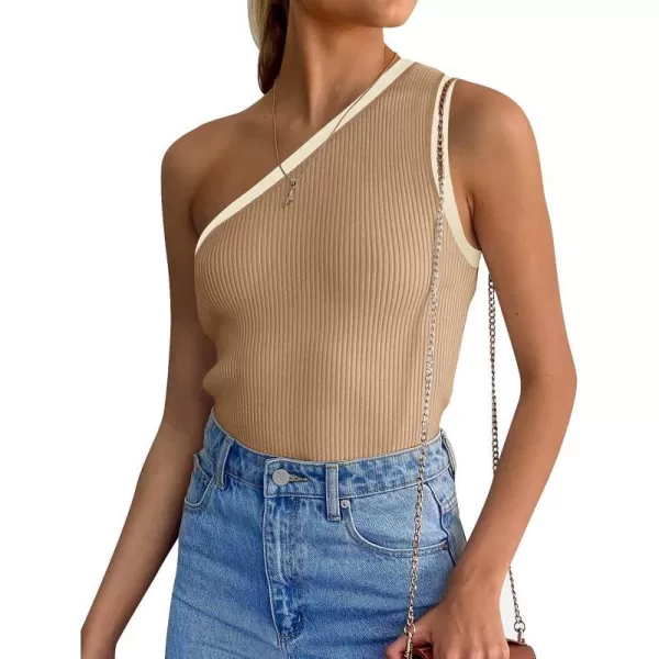 imageZESICA Womens One Shoulder Tank Tops Summer Sleeveless T Shirt Ribbed Knit Color Block Slim Fit Basic Tee TopsToffee