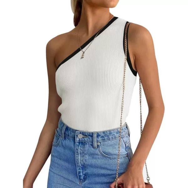imageZESICA Womens One Shoulder Tank Tops Summer Sleeveless T Shirt Ribbed Knit Color Block Slim Fit Basic Tee TopsWhite
