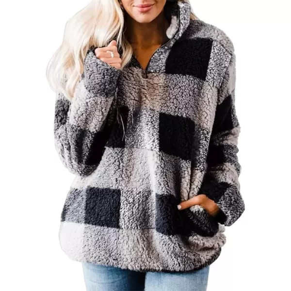 imageZESICA Womens Plaid Long Sleeve Zipper Sherpa Fleece Sweatshirt Pullover Jacket CoatGrey