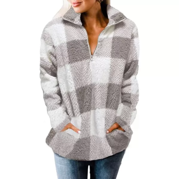 imageZESICA Womens Plaid Long Sleeve Zipper Sherpa Fleece Sweatshirt Pullover Jacket CoatPurplegrey