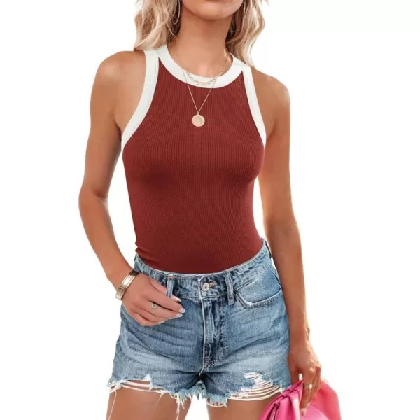 imageZESICA Womens Ribbed High Neck Racerback Tank Tops 2024 Summer Sleeveless Slim Fitted Casual Basic ShirtsRed
