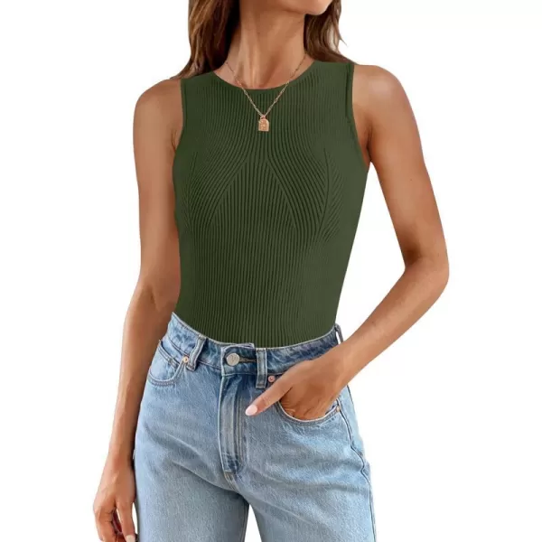 imageZESICA Womens Ribbed Tank Tops 2024 Summer Sleeveless High Neck Casual Slim Fitted Basic Knit ShirtsArmygreen