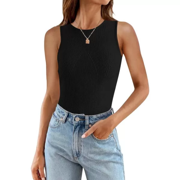 imageZESICA Womens Ribbed Tank Tops 2024 Summer Sleeveless High Neck Casual Slim Fitted Basic Knit ShirtsBlack