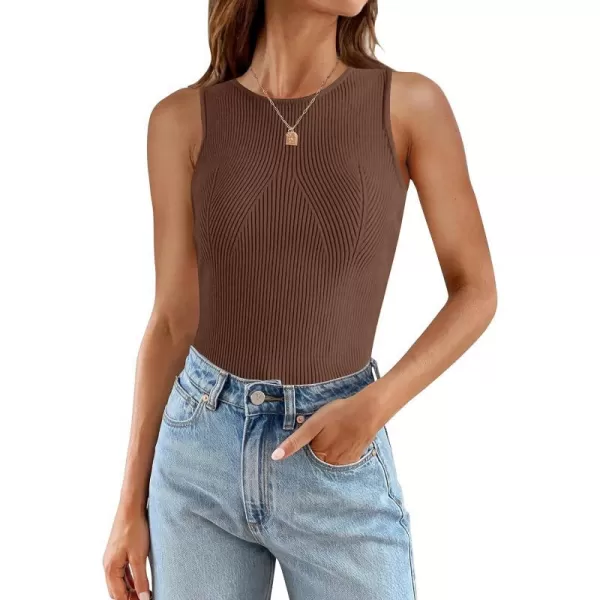 imageZESICA Womens Ribbed Tank Tops 2024 Summer Sleeveless High Neck Casual Slim Fitted Basic Knit ShirtsBrown
