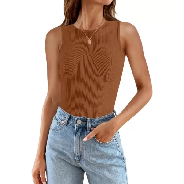 imageZESICA Womens Ribbed Tank Tops 2024 Summer Sleeveless High Neck Casual Slim Fitted Basic Knit ShirtsDarkbrown